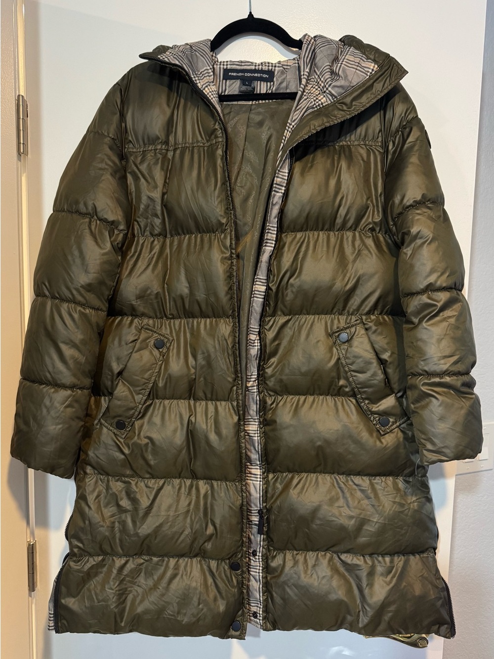 French Connection Olive Green Long Puffer Coat - Plaid Hood Lining - Size Large